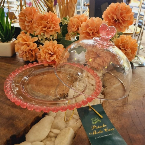 Queijeira C/Tampa de Cristal Coração com Borda Rosa