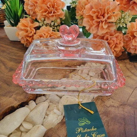 Manteigueira C/Tampa de Cristal Coração com Borda Rosa