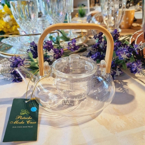 Chaleira de Vidro com Alça de Bambu - 800ml - Resistente a Calor