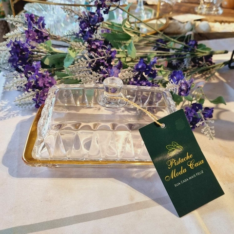 Manteigueira em Cristal com Tampa Fio de Ouro