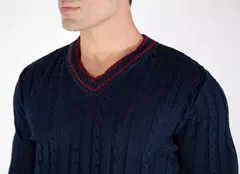 Tricot textura tranças de manga longa e gola V - Marinho - comprar online