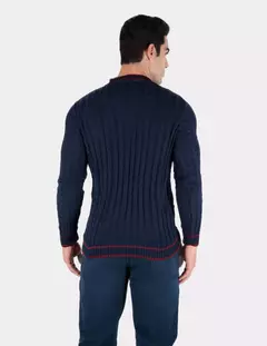 Tricot textura tranças de manga longa e gola V - Marinho na internet