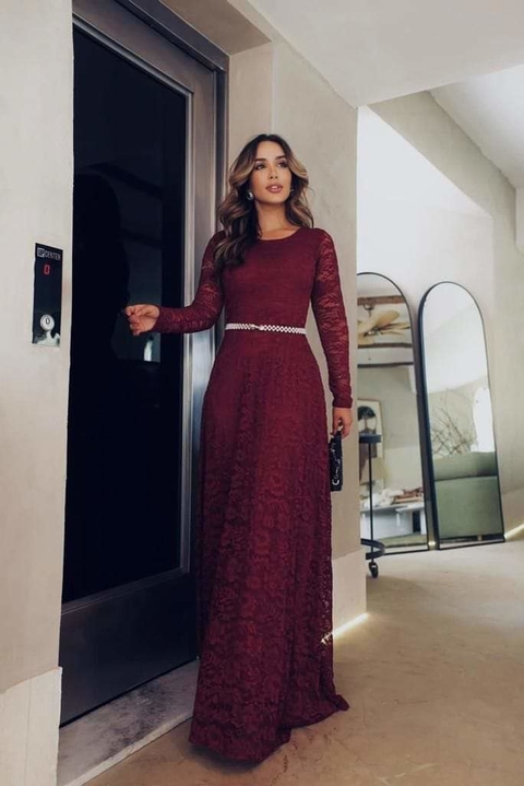 Vestido Longo Todo na Renda de Poliamida de
