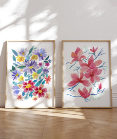 Conjunto de Dois Quadros Decorativos, Aquarela Flores do Campo e Camélias