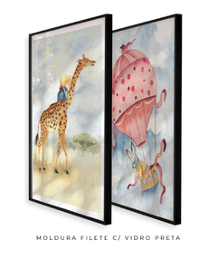 Conjunto de Dois Quadros Decorativos em Aquarela, Girafa e Coelho no Balão - Betania Sensini | Arte e Aquarela