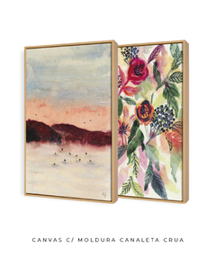 Imagem do Conjunto de Dois Quadros Decorativos em Aquarela, Montanha Rosa + Flores Vermelhas e Laranjas
