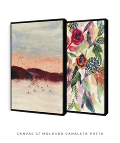Conjunto de Dois Quadros Decorativos em Aquarela, Montanha Rosa + Flores Vermelhas e Laranjas - comprar online