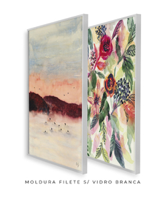 Conjunto de Dois Quadros Decorativos em Aquarela, Montanha Rosa + Flores Vermelhas e Laranjas na internet