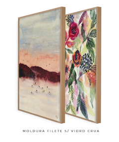 Conjunto de Dois Quadros Decorativos em Aquarela, Montanha Rosa + Flores Vermelhas e Laranjas - loja online