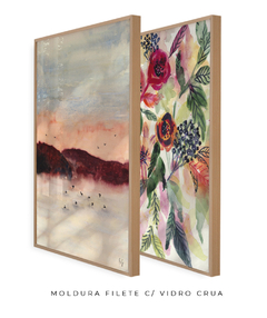 Imagem do Conjunto de Dois Quadros Decorativos em Aquarela, Montanha Rosa + Flores Vermelhas e Laranjas