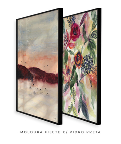 Conjunto de Dois Quadros Decorativos em Aquarela, Montanha Rosa + Flores Vermelhas e Laranjas - Betania Sensini | Arte e Aquarela