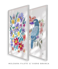 Conjunto de Dois Quadros Decorativos Flores do Campo e Pássaro Azul - Betania Sensini | Arte e Aquarela