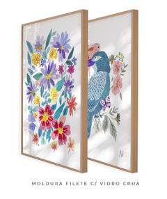 Imagem do Conjunto de Dois Quadros Decorativos Flores do Campo e Pássaro Azul