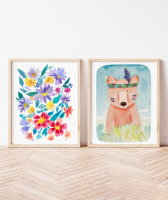 Conjunto de Dois Quadros Decorativos Flores e Urso Boho