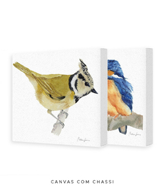 Conjunto de Dois Quadros Decorativos Pássaros em Aquarela Martim Pescador + Chapim-de-crista