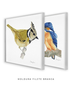 Conjunto de Dois Quadros Decorativos Pássaros em Aquarela Martim Pescador + Chapim-de-crista na internet
