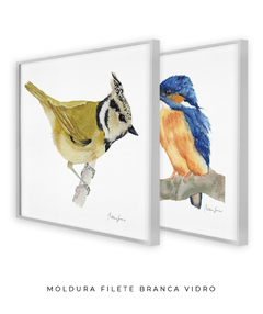 Conjunto de Dois Quadros Decorativos Pássaros em Aquarela Martim Pescador + Chapim-de-crista - Betania Sensini | Arte e Aquarela