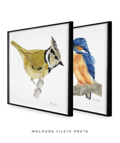 Conjunto de Dois Quadros Decorativos Pássaros em Aquarela Martim Pescador + Chapim-de-crista - Betania Sensini | Arte e Aquarela