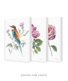 Conjunto de Três Quadros Decorativos Botânico Rosas e Abelharuco - loja online