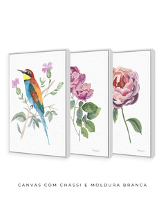 Imagem do Conjunto de Três Quadros Decorativos Botânico Rosas e Abelharuco