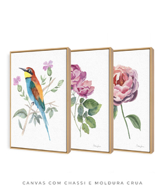 Conjunto de Três Quadros Decorativos Botânico Rosas e Abelharuco