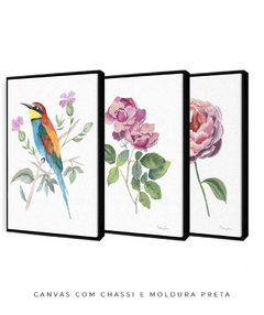 Conjunto de Três Quadros Decorativos Botânico Rosas e Abelharuco na internet