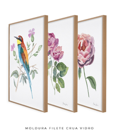 Conjunto de Três Quadros Decorativos Botânico Rosas e Abelharuco