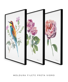Conjunto de Três Quadros Decorativos Botânico Rosas e Abelharuco - loja online