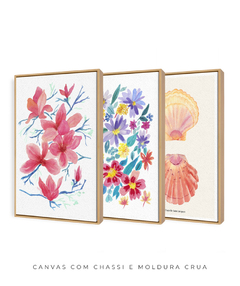 Imagem do Conjunto de Três Quadros Decorativos em Aquarela, Flores Campo + Camélias + Coquille