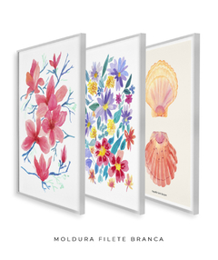 Conjunto de Três Quadros Decorativos em Aquarela, Flores Campo + Camélias + Coquille na internet