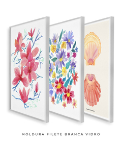 Conjunto de Três Quadros Decorativos em Aquarela, Flores Campo + Camélias + Coquille - Betania Sensini | Arte e Aquarela
