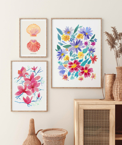 Conjunto de Três Quadros Decorativos em Aquarela, Flores Campo + Camélias + Coquille