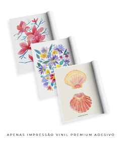 Conjunto de Três Quadros Decorativos em Aquarela, Flores Campo + Camélias + Coquille