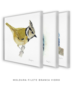 Conjunto de Três Quadros Decorativos Pássaros em Aquarela, Martim Pescador + Chapim-de-crista - Betania Sensini | Arte e Aquarela