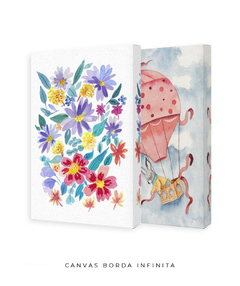 Conjunto Dois Quadros Decorativos Flores do Campo e Coelho no Balão - Betania Sensini | Arte e Aquarela
