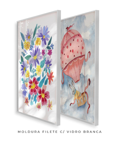 Conjunto Dois Quadros Decorativos Flores do Campo e Coelho no Balão - Betania Sensini | Arte e Aquarela