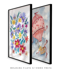Conjunto Dois Quadros Decorativos Flores do Campo e Coelho no Balão - Betania Sensini | Arte e Aquarela