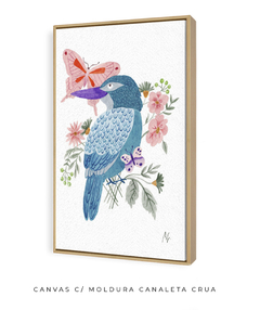 Quadro Decorativo Pássaro Azul e Borboletas - Betania Sensini | Arte e Aquarela