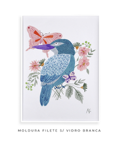 Quadro Decorativo Pássaro Azul e Borboletas - Betania Sensini | Arte e Aquarela