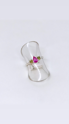 Anel prata 925 com gota zirconia pink e verde claro - comprar online