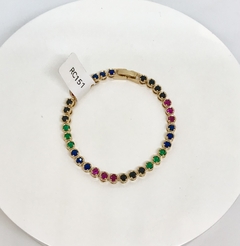 Pulseira dourada riviera zircônias coloridas redondas fecho jóia na internet