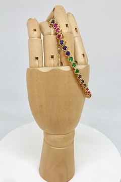 Pulseira dourada riviera zircônias coloridas redondas fecho jóia