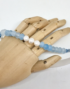 Pulseira prata 925 com cristais de jade azul claro e pérolas de água doce - comprar online