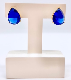 Brinco dourado cristal natural gota azul royal