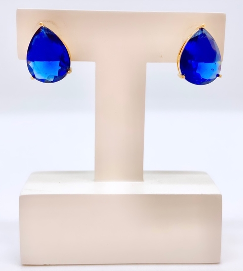 Brinco dourado cristal natural gota azul royal