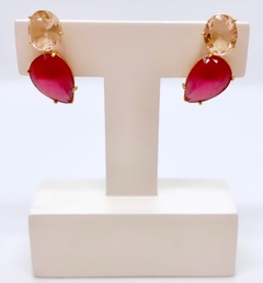 Brinco dourado zirconias rosa e pink
