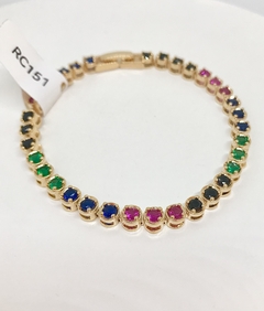 Pulseira dourada riviera zircônias coloridas redondas fecho jóia - comprar online