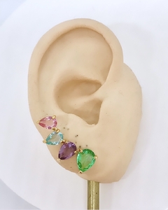 Brinco dourado ear cuff zirconias gota coloridas