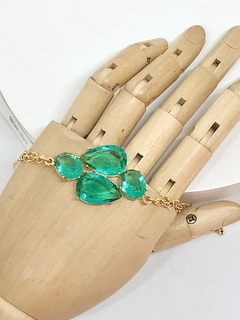 Pulseira dourada corrente dupla com cristais verde claro