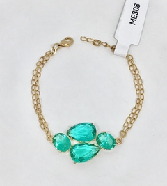 Pulseira dourada corrente dupla com cristais verde claro na internet